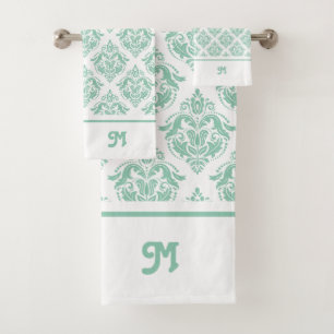 Mint-green and white vintage damasks monogram 2 bath towel set