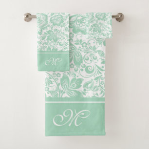 Mint-green and white vintage damasks monogram bath towel set