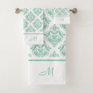 Mint-green and white vintage damasks monogram bath towel set