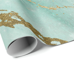 Mint Green Aqua Gold Marble Shiny Glam Wrapping Paper