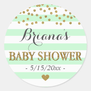 Mint Green Aqua Gold Stripe Confetti Baby Shower Classic Round Sticker