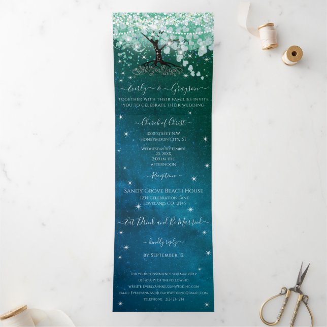 Mint Green Aqua Sea Blue Heart Leaf Tree Wedding Tri-Fold Invitation (Inside)
