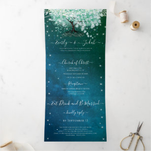 Mint Green Aqua Sea Blue Heart Leaf Tree Wedding Tri-Fold Invitation