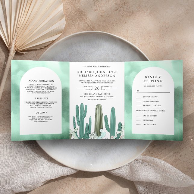 Mint Green Arch All in One Desert Cactus Wedding Tri-Fold Invitation (Creator Uploaded)