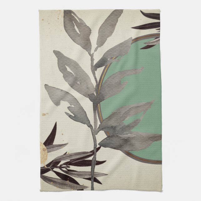 Mint Green Artistic Watercolor Leaves Kitchen Towel (Vertical)