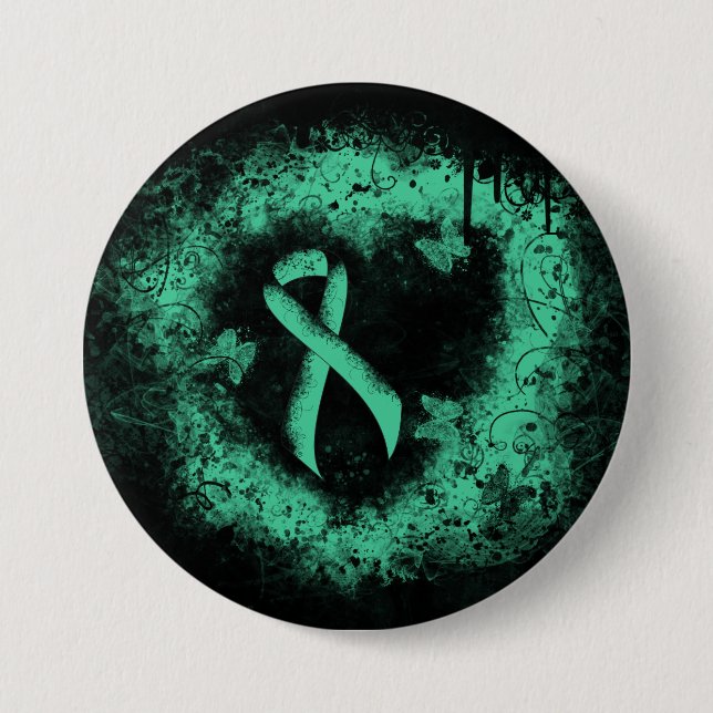 Mint Green Awareness Ribbon Grunge Heart 3 Inch Round Button (Front)
