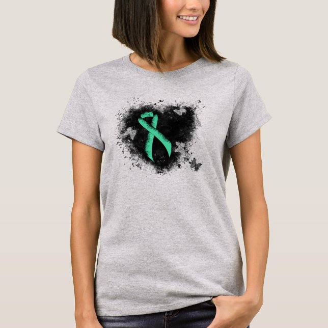 Mint Green Awareness Ribbon Grunge Heart T-Shirt (Front)