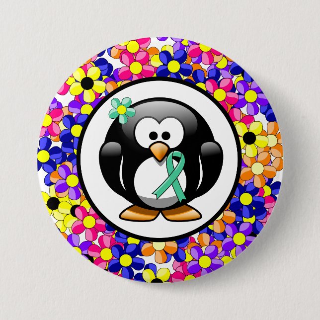 Mint Green Awareness Ribbon Penguin 3 Inch Round Button (Front)