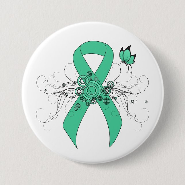 Mint Green Awareness Ribbon with Butterfly 3 Inch Round Button (Front)