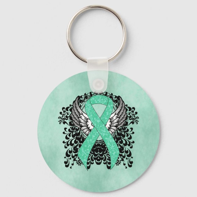 Mint Green Awareness  Ribbon with Wings Keychain (Front)