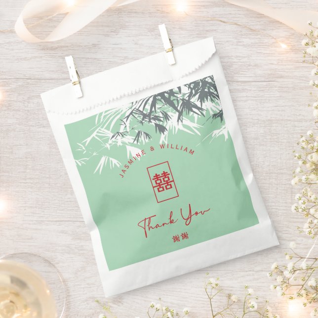 Mint Green Bamboo Leaves Double Xi Chinese Wedding Favour Bag (Clipped)