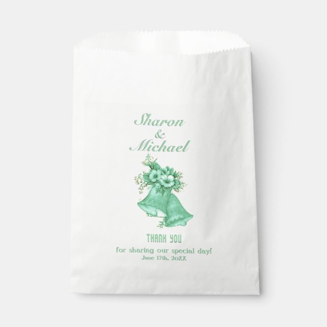 Mint Green Bells Wedding Favour Bag Names and Date (Front)