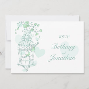 Mint green birds open cage wedding RSVP Invitation