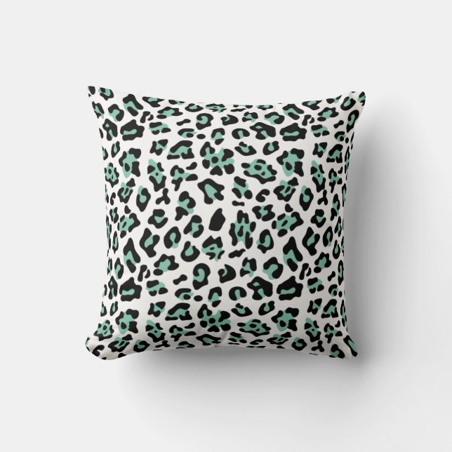 Mint Green Black Leopard Animal Print Pattern Throw Pillow (Front)