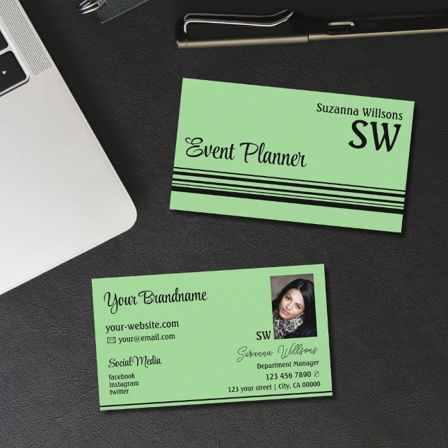 Mint Green Black Stripes with Monogram and Photo Business Card (Creator Uploaded)