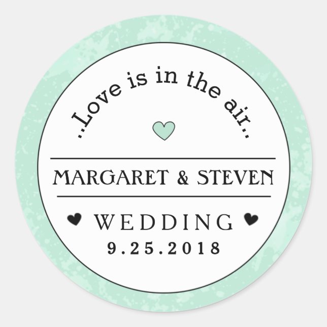 Mint Green Black & White Wedding Custom Names Love Classic Round Sticker (Front)