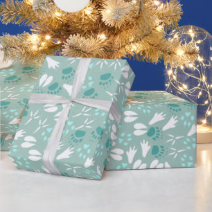 Mint Green Blue and Carmel Animal Tracks Pattern Wrapping Paper