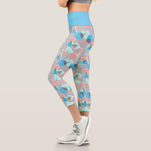 Mint Green Blue Coral Blush Pink 50s Art Pattern Capri Leggings
