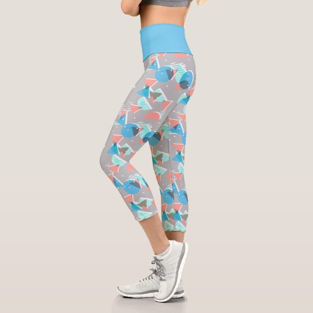 Mint Green Blue Coral Blush Pink 50s Art Pattern Capri Leggings (Left)