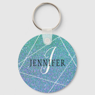 Mint Green Blue Faux Glitter Sparkles Monogram Keychain
