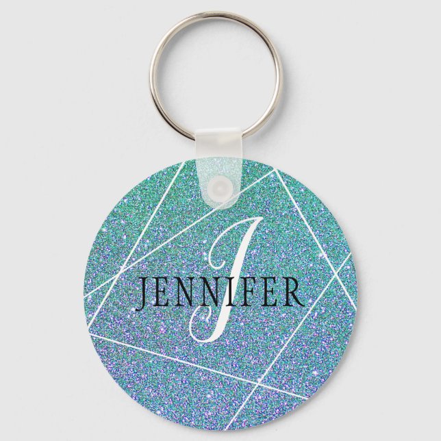 Mint Green Blue Faux Glitter Sparkles Monogram Keychain (Front)