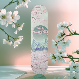 Mint Green Blue Pink Cherry Blossom Moon Mountain Skateboard