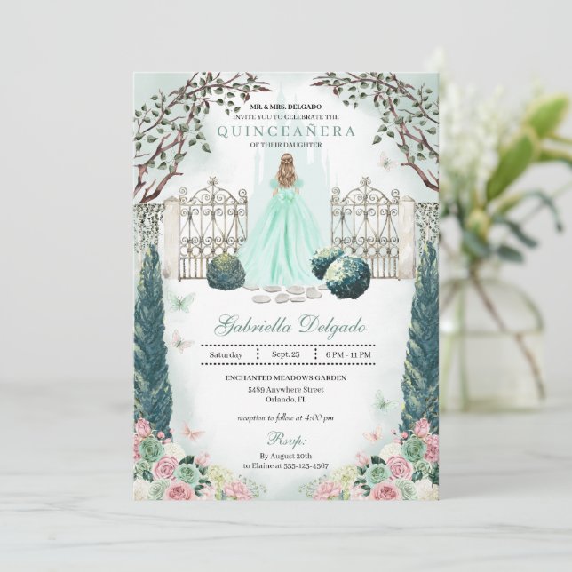 Mint Green Blush Enchanted Garden Quinceanera Invitation (Standing Front)