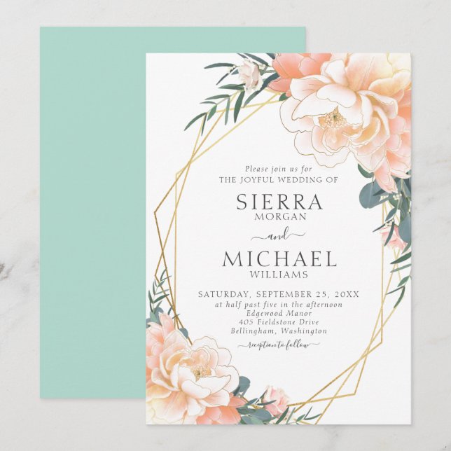 Mint Green Blush Gold Peach Cream Floral Wedding Invitation (Front/Back)