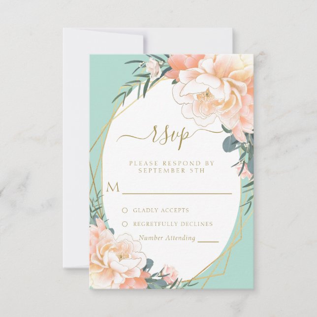 Mint Green Blush Peach Cream Gold Floral Wedding RSVP Card (Front)
