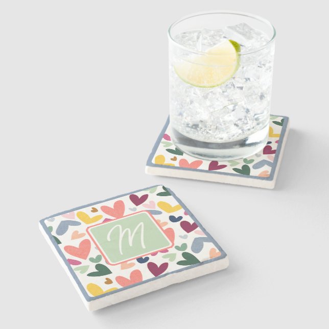 Mint Green Blush Pink Blue Heart Art Pattern Stone Coaster (Side)