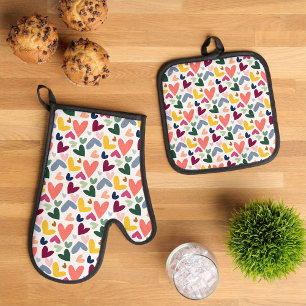 Mint Green Blush Pink Blue Hearts Art Pattern Oven Mitt & Pot Holder Set