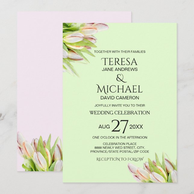 Mint Green blush pink Tulip Modern Invitation (Front/Back)