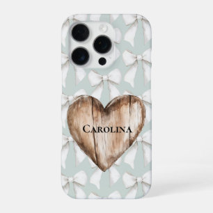 Mint Green Boho Bows Faux Wood Heart iPhone 16 Pro Case