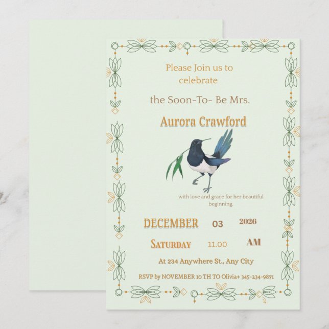 Mint Green Botanical Dove Square Bridal Shower Inv Invitation (Front/Back)