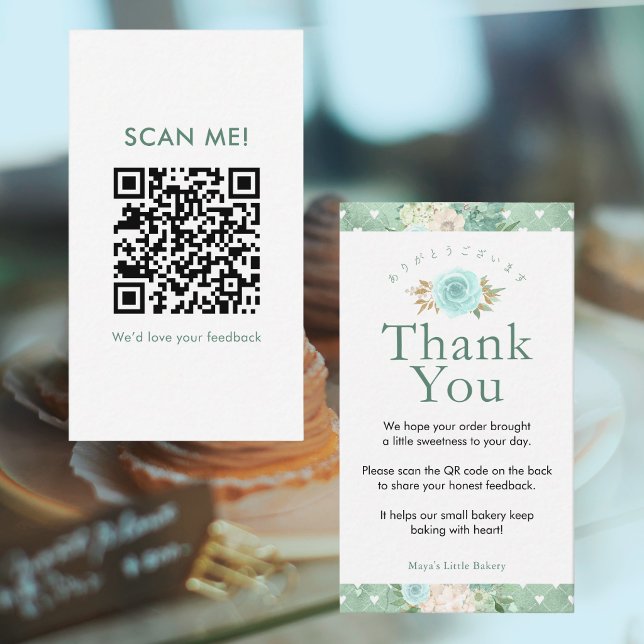 Mint Green Botanical Leave a Review QR Code Business Card (Creator Uploaded)