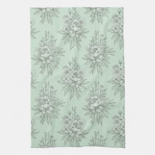 Mint Green Botanical Toile with Floral Bouquets Kitchen Towel