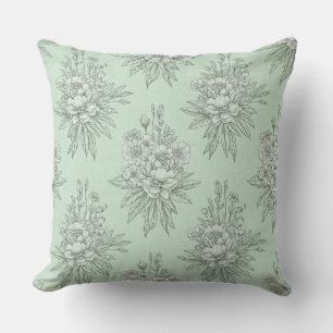 Mint Green Botanical Toile with Floral Bouquets Throw Pillow
