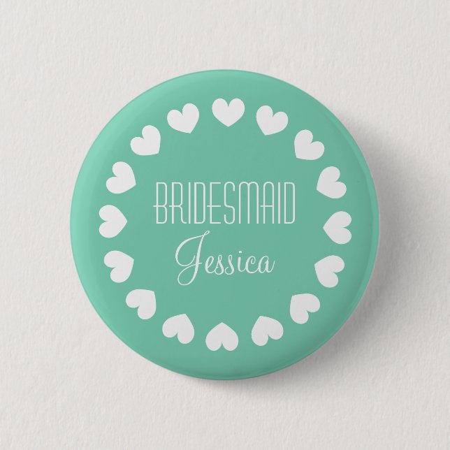Mint green bridesmaid button with white hearts (Front)