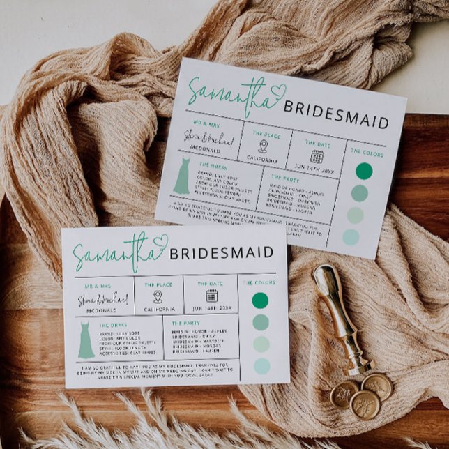Mint Green Bridesmaid Info Card | Faux Gold Design (Mint Green Bridesmaid Info Card | Faux Gold Design)