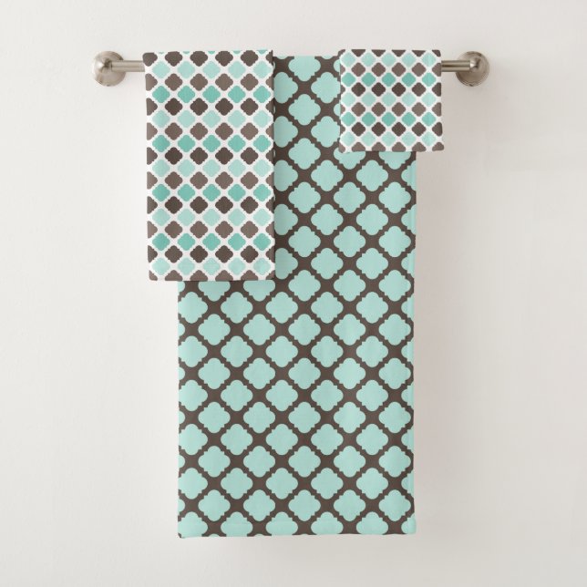 MINT GREEN & BROWN DIAMOND PATTERNS BATH TOWEL SET (Insitu)
