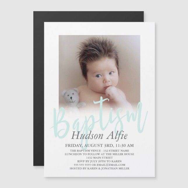 Mint Green Brush Script Photo Baptism Magnetic Invitation (Front/Back)