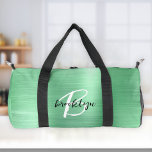 Mint Green Brushed Metal Black White Monogram  Duffle Bag<br><div class="desc">This personalized duffel bag features a monogram and first name in modern black and white script on a glam mint green faux brushed metal background.</div>