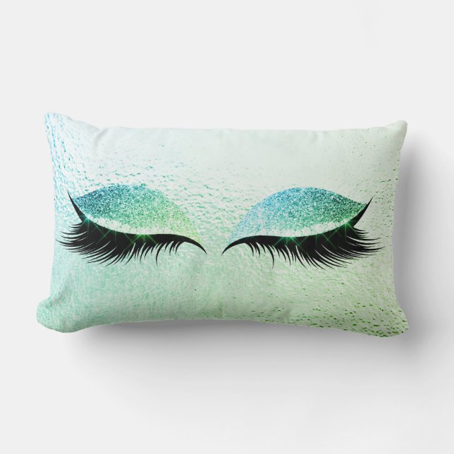 Mint Green Bue Glitter Black Lashes Glam Make Up Lumbar Pillow (Front)