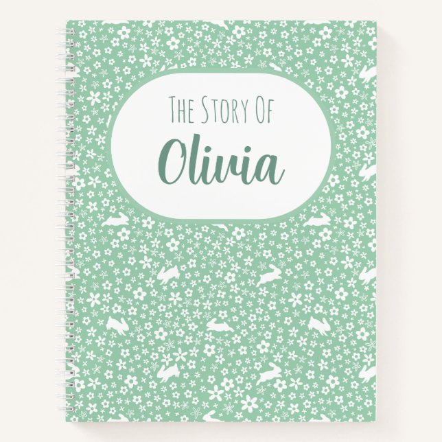 Mint Green Bunny Floral Story Memory Notebook (Front)