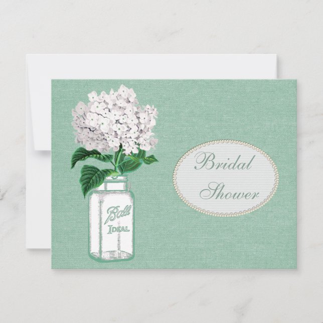 Mint Green Burlap, Jar & Hydrangea Bridal Shower Invitation (Front)