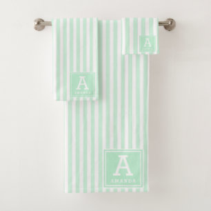 Mint Green Cabana Stripes Monogrammed Initials Bath Towel Set