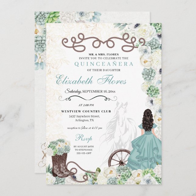 Mint Green Cacti Western Charro Horse Quinceañera Invitation (Front/Back)