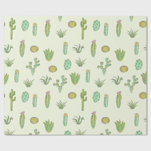 Mint Green Cactus Print Wrapping Paper (Flat)
