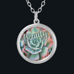 Mint Green Cactus Succulent Photo Beauty Script Silver Plated Necklace<br><div class="desc">I’ve always been mesmerized by the durability and beauty of cacti, which thrive in the harshest of conditions. Embrace the splendour of the desert whenever you wear this stunning close-up photo charm necklace of a pink-tipped, mint green, blossoming cactus. This necklace comes in small, medium and large sizes, as well...</div>