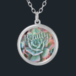 Mint Green Cactus Succulent Photo Beauty Script Silver Plated Necklace<br><div class="desc">I’ve always been mesmerized by the durability and beauty of cacti, which thrive in the harshest of conditions. Embrace the splendour of the desert whenever you wear this stunning close-up photo charm necklace of a pink-tipped, mint green, blossoming cactus. This necklace comes in small, medium and large sizes, as well...</div>